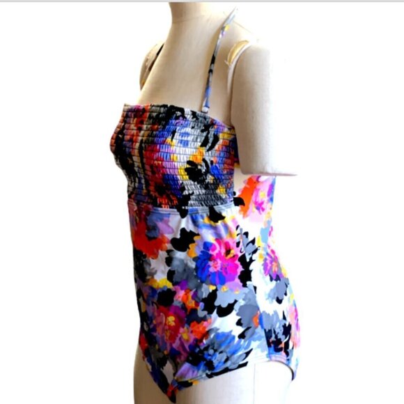 Kenneth Cole Smocked Bandeau One-Piece Halter Swimsuit Floral XL #60K - Picture 4 of 10